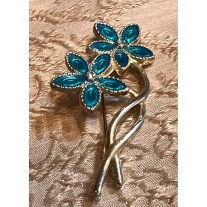 Vintage Blue Twin Flowers Brooch Gold Tone